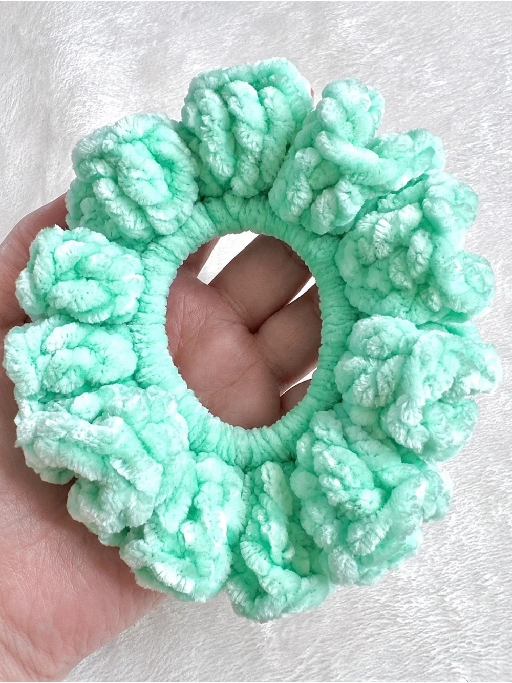 PinkRainCloud Handmade Mint Green Velvet Crochet Hair Scrunchie Soft Hair Tie